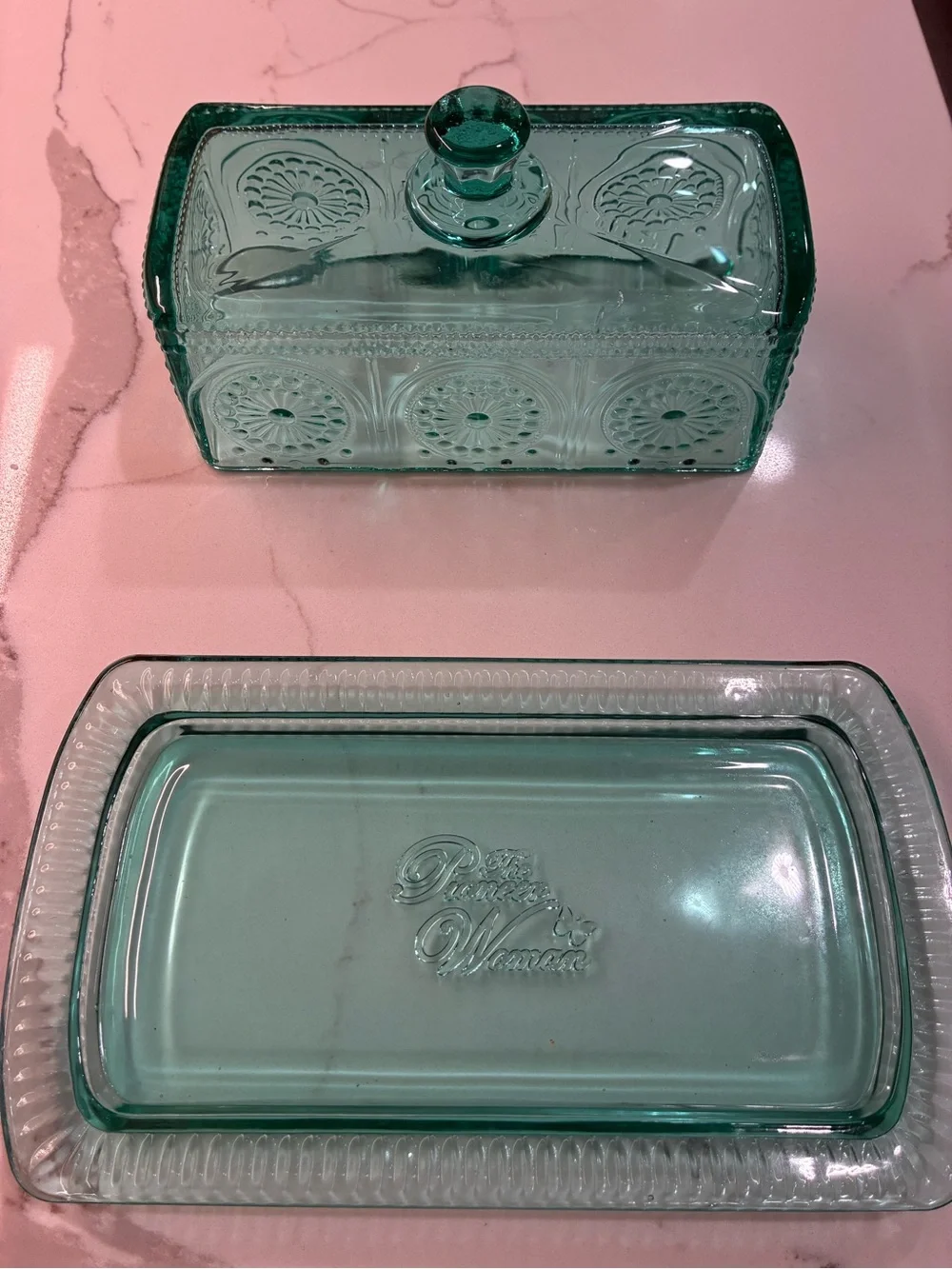 The Pioneer Woman Adeline Teal Pressed Glass Butter Dish with Lid